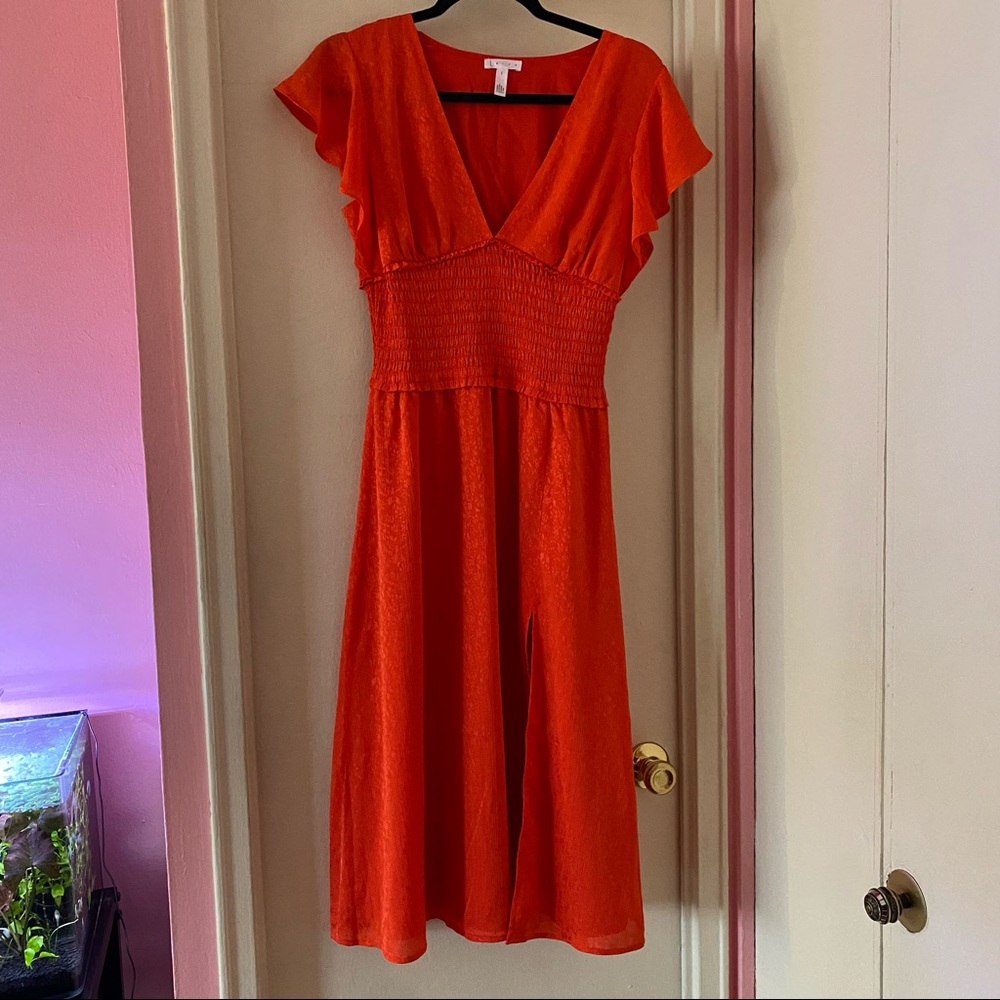 Leith Red Midi Dress w Floral Print, V-Neck, Ruffle Sleeves and Slit in Front